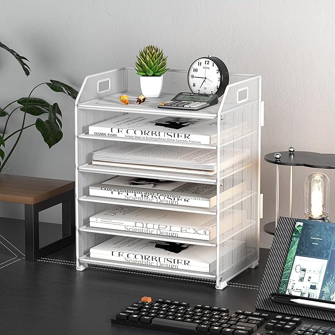 6 Tier Desk Organizer, Heavy-Duty Thick Metal Letter Tray Organizer, Large Capacity Desktop File Organizer for Heavy Files, Easy to Assemble for Home, Office & Classroom,Black,White