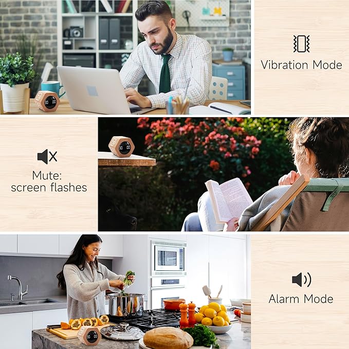 Exlliy Productivity Timer 1, 5, 10, 30, 60 Minutes Preset, Desk Cube Timer with Gravity Sensor/Mute/Vibration for ADHD, Work, Study, Kitchen, Back to School (1, Wood Grain)