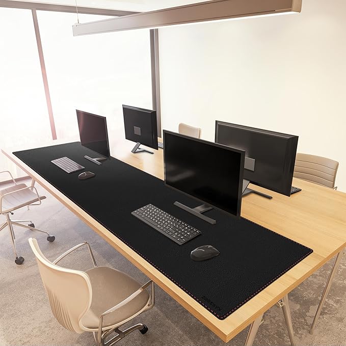 ZORESYN PU Leather Desk Mat Waterproof Anti-Oil Dining Table mat - 70.9" x 23.6" - Large Mouse Pad with Suede Base,Stitched Edges Office Desk Pad for Office & Home | Black