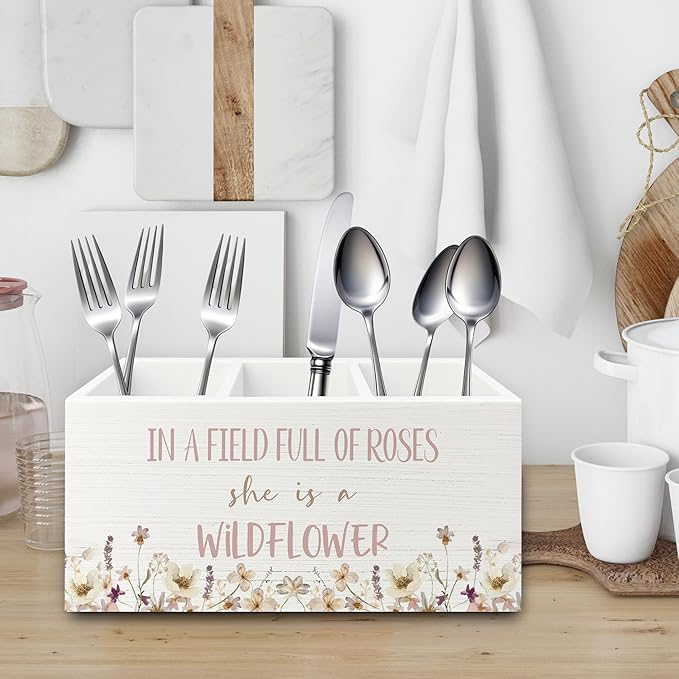 XPH Wildflower Nursery Decor Pen Pencil Holder Organizer for Desk, Girl Nursery Decor, in a Field Full of Roses She Is a Wildflower Wooden Box Sign for Girly Room Bedroom Desk Tabletop Decorations