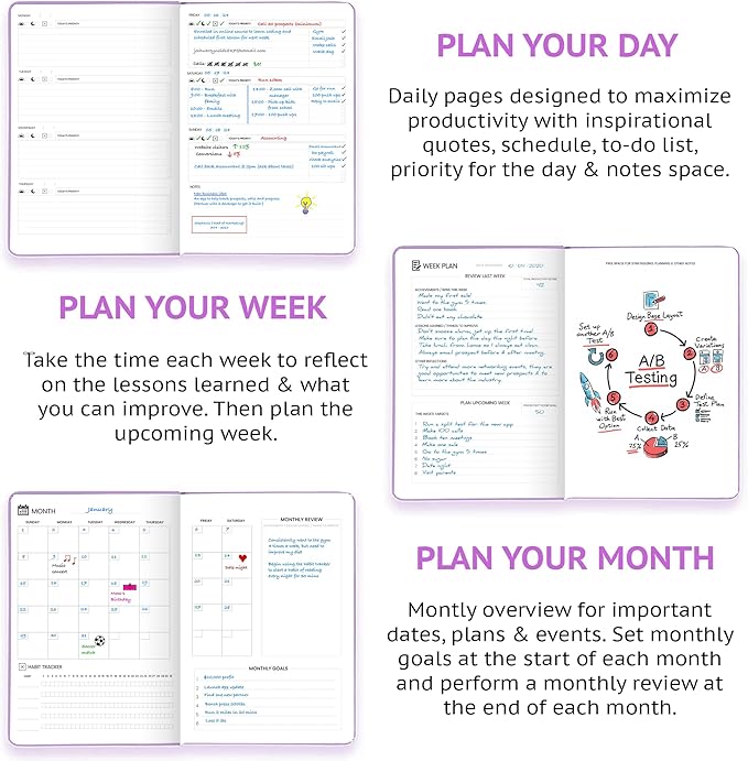 Wyze Planner Undated Daily Planner – 1-Year B5 Productivity Organizer with Two-Page Weekly Spread, Goal Setting, Habit Tracker, Weekly & Monthly Pages – Hardcover Time Management Notebook (Lilac)