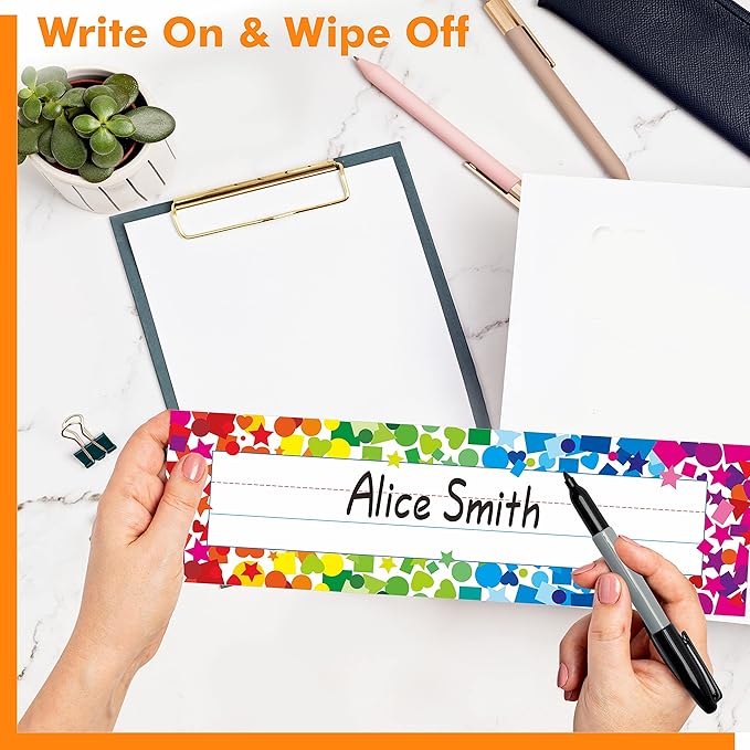 40PCS Desk Nameplates, Double Sided PET Film Confetti Desk Name Tags Erasable & Reusable Traditional Manuscript Name Plate Classroom Decoration for School Student (10” x 2.8”)