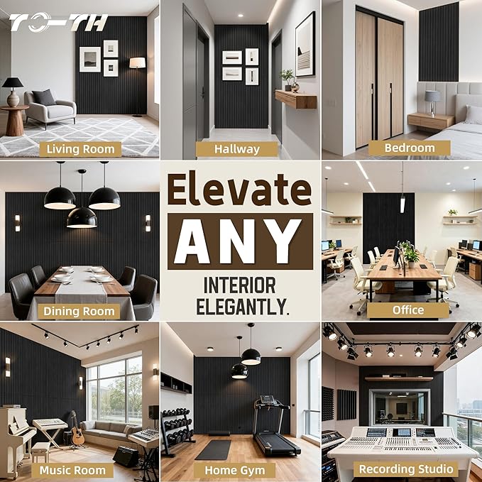 TO-TH Wood-Look Acoustic Wall Panels, 10 Pack 47.2” x 23.6” Sound Panels, Decorative Wood Panels for Wall Sound Dampening Panels for Home, Office, Basement, Smoky with Mitered Edges