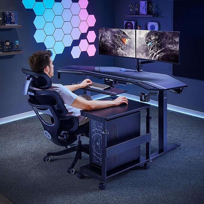 EUREKA ERGONOMIC PC Stand Computer Cart, Height Adjustable Tower Stand 2-Tier Suit for ATX Case Printer, Metal Rolling Cart on Wheels for Gaming Home Office, Carbon Fiber
