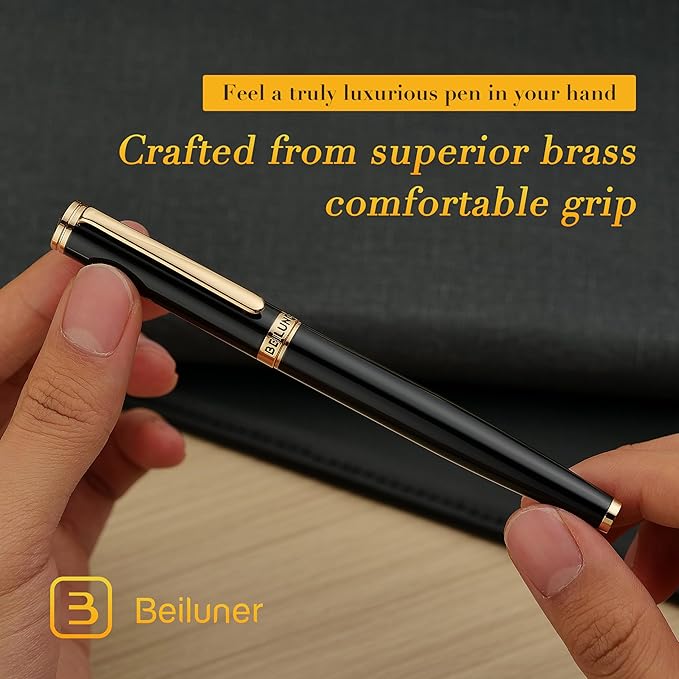 BEILUNER Black Fountain Pen,Stunning Luxury Pens with 24K Gold Accents, Gorgeous 24K Gilded Nib(Extra Fine), Fancy Pen Gift for Men&Women -Ink Converter-Elegant, Reliable,Christmas Presents, Nice Pen