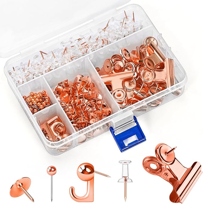 GOOLADA 315Pcs 5 Style Rose Gold Push Pins,Metal Push Pin Hooks, Push Pin Clips, Wall Pins, Cute Pushpin, Rose Gold Thumbtacks for Corkboard, Bulletin Board, Map