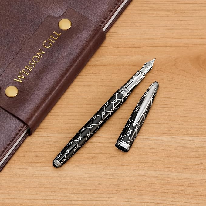 Webson Gill ‘The Weaver’ Black Luxury Executive Fountain Pen, Polished Lacquer & Chrome, Medium Nib, Smudge Free No Bleed, Use Any Fountain Ink w/Included Converter, Fits Cartridges (sold separately)
