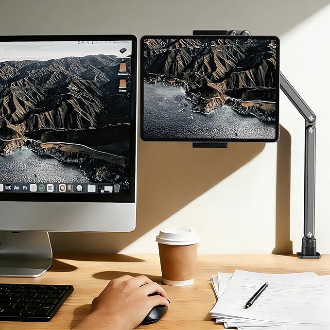Urmust Tablet Stand for Desk, Adjustable iPad Holder Clamp Mount, 360° Rotation, Sturdy Aluminum Tablet Arm Mount for 4.7"-15.6" iPad Pro/Air/Mini, iPhone, Galaxy Tab, for Kitchen, Work, Video Call