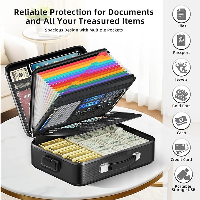 Deelhety Fireproof Document Box - 8-Layer Hard Shell Fire Proof Safe for Home Documents, Water Resistant File Organizer for Desk Money, Safety Box for Passports Certificates Laptop