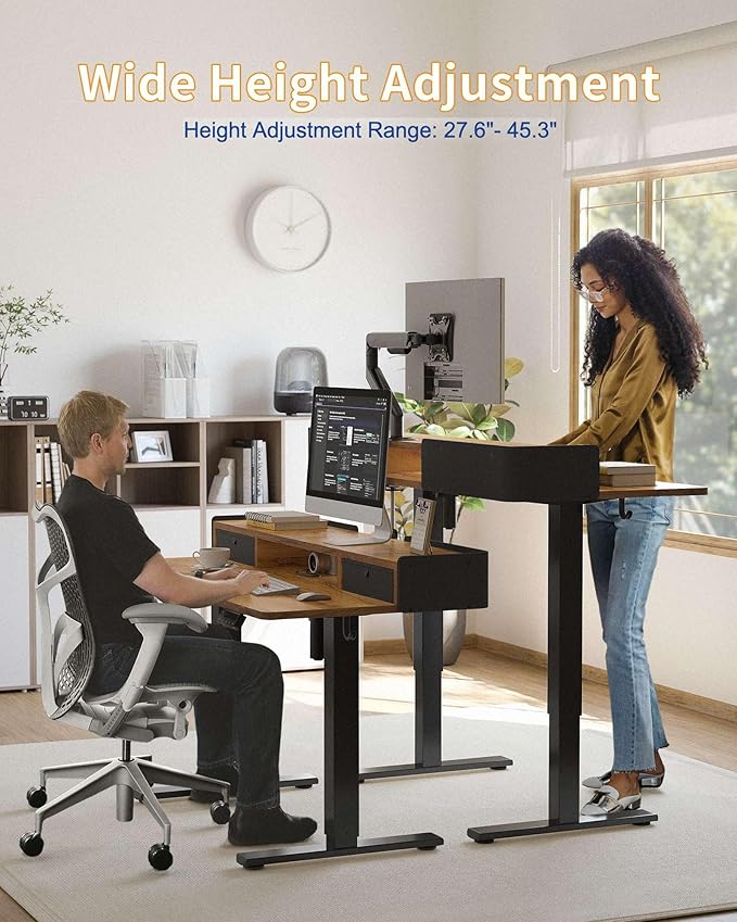 YIHAYO Electric Standing Desk with Drawers, 40 x 24 Inches Adjustable Desk with Storage Shelf, Stand Up Desk with Splice Board, Computer Table for Home Office, Black Frame/Rustic Brown Top