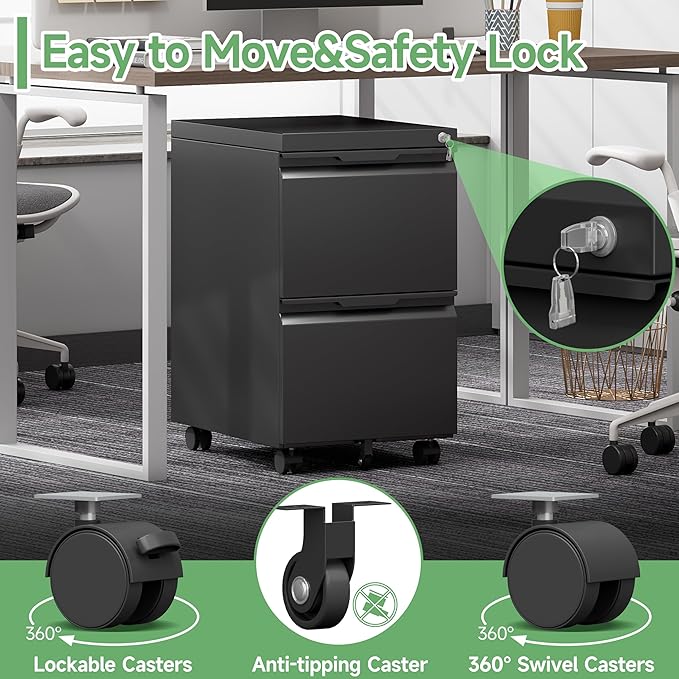 LONGLINK 2 Drawer Mobile File Cabinet with Lock,Under Desk Metal Filing Cabinets with Wheels for Home Office Organizer Letters/Legal/A4(Easy Assemble-Black)