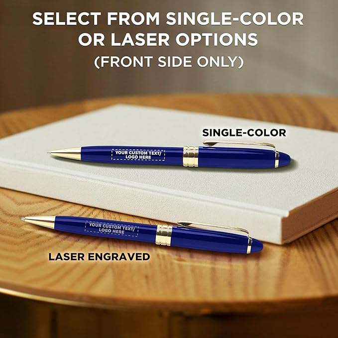 DISCOUNT PROMOS 50 Ultra Executive Pens Pack - Customizable Text, Logo - Twist To Write, Gold Accent - Blue
