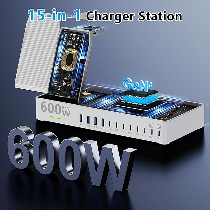 600w Charging Station for Multiple Devices, 15 in 1 Wireless Charger with 2pack 100w USB C Charger Cable, Dual 100w USB C Tablet Charging Station for MacBook,iPhone,iPad,Tablet (White)