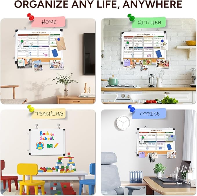 Weekly Dry Erase Board and Cork Board Combo for Wall, 17"x13" Reversible Hanging Dry Erase Board, Double Sided White Board with Aluminum Frame for Planning, Office, Kitchen, School, Home