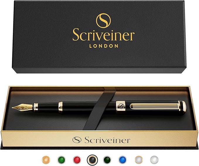 Scriveiner Luxury Fountain Pen - Stunning Black Lacquer Pen, Real Gold Finish, Schmidt Gilded Nib (Medium), Converter, Best Pen Gift Set for Men & Women, Professional, Executive, Office, Nice Pens