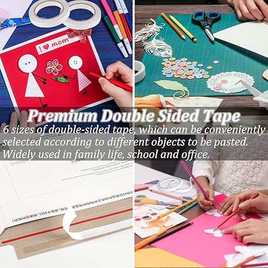 Double-Sided Fabric Tape, Hem Tape No Sew Double Sided Tape for Crafts Arts, 6 Rolls Strong Adhesive Cloth Sewing Tape for Hemming, Clothing Repairs, Pants, DIY Projects, Paper Backing (0.6/0.8/1inch)