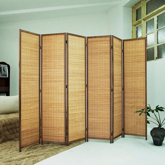 Loomveil 6 Panel Room Divider Folding Privacy Screen,67 inch Bamboo Panel Divider for Home Partition,Brown