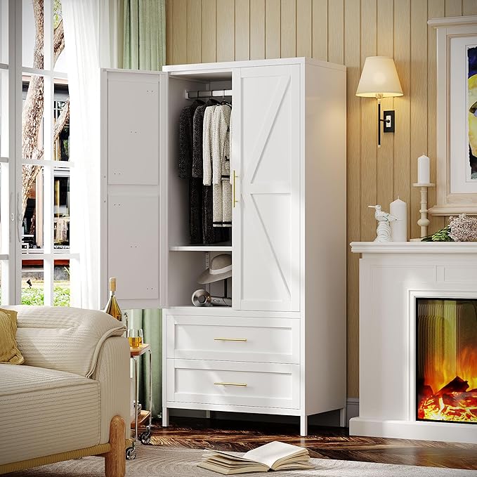 SUPEER Metal Wardrobe Cabinet with 2 Drawers and Hanging Rod, 70.9" H Metal Armoire Wardrobe Closet with Adjustable Shelf for Bedroom, Laundry Room, Home,Office,Installation Required,White
