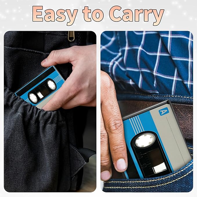 BWEGRHE Slim Credit Card Holder, Blue Cassette RFID Blocking Metal Wallet for Men & Women, Aluminum Minimalist Hard Case Pocket-Sized Business Cards Organizer (Fits Up to 10 Cards)