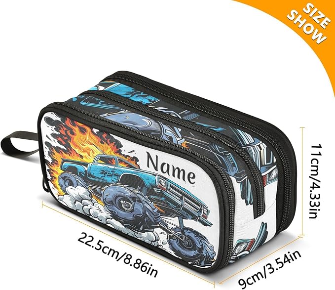 BOENLE Custom Truck Flame Pencil Case Box Boys Girls Personalized Name Large Pencil Pouch Stationery Pen Bag Organizer for Kids Adults School Office