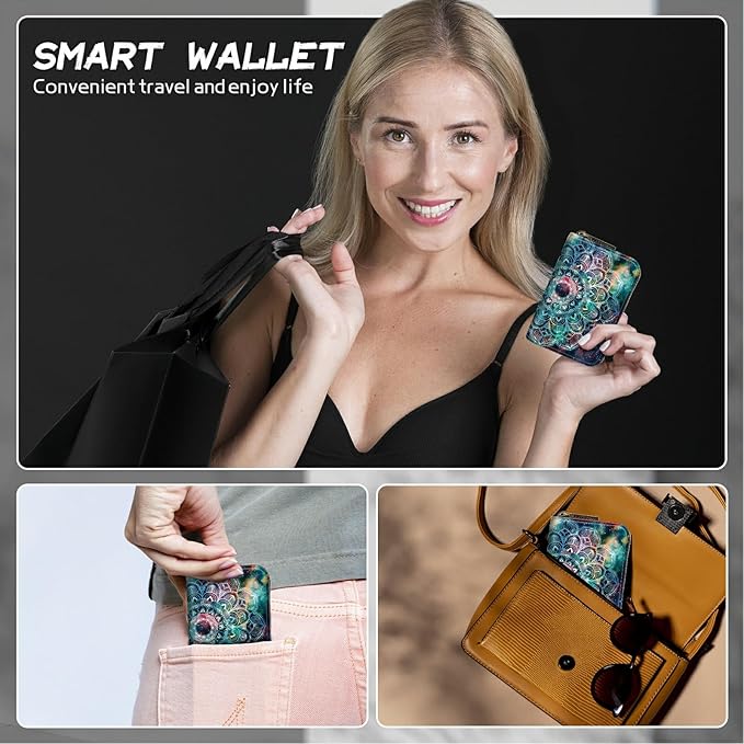 BWEGRHE Cute Credit Card Holder with Zipper, Art Mandalas RFID-Blocking Card Case Small Wallet for Women Men, Multi-slot Card Organizer Case Travel Accordion Wallet
