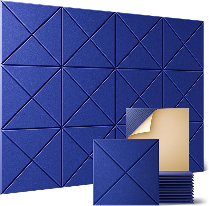 Sonicism 12 Pack X-Lined Acoustic Panels with Self-Adhesive, 12"X 12"X 0.4" Sound Proof Foam Panels, Decorative Soundproof Wall Panels, Sound Absorbing Tile for Home & Offices, Blue