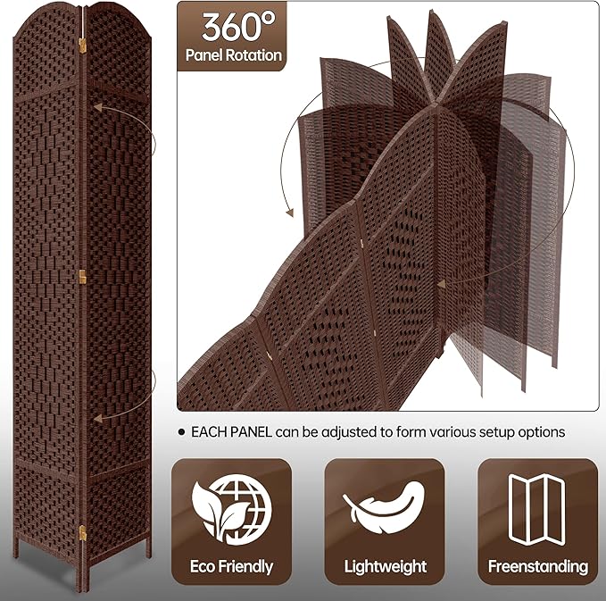 DURASPACE 8 Panel Room Divider, 6ft Tall Folding Privacy Screen, 360°Rotation, Hand-Woven Freestanding Wood Partition for Room Separation