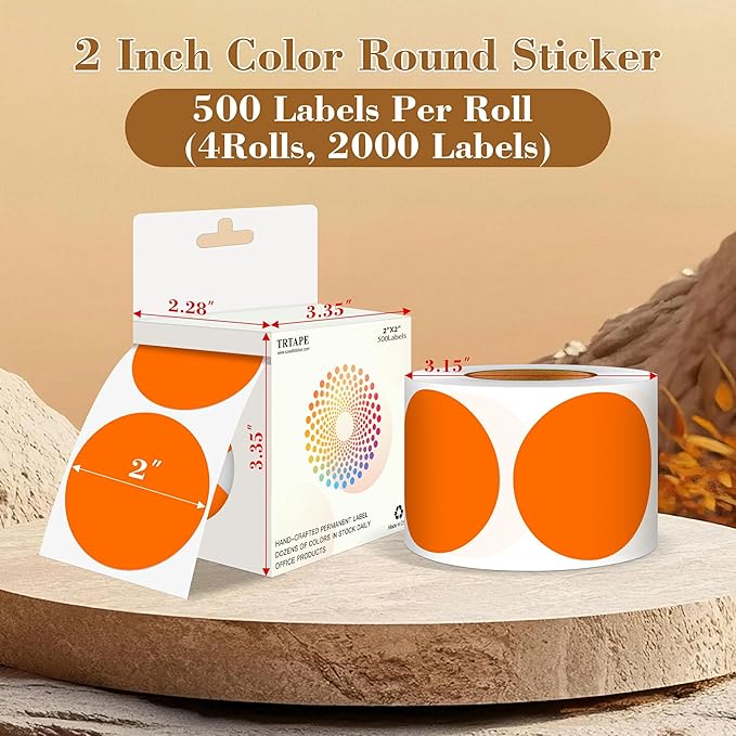 2 Inch Color Coding Round Labels (2000Pcs, 4 Rolls) - Round Color Dot Stickers for Inventory, Pantry, Warehouse Organization - Orange Circle Dot Labels