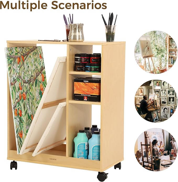 VISWIN Art Cart Organizer, Solid Pine Wood Art Supply Storage Organizer with Caster Wheels, 3-Tier Multifunctional Rolling Utility Storage Cart for Studio, Classroom, Artists - Natural