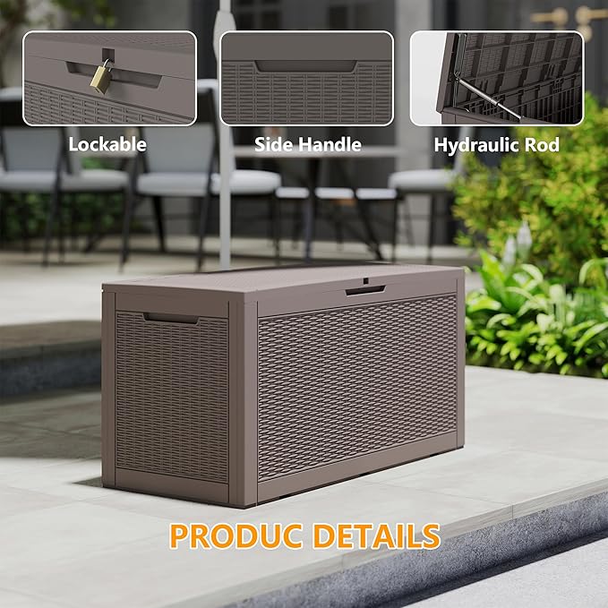 Yardgrace 100 Gallon Outdoor Storage Box Waterproof, Resin Deck Boxes with Lockable Lid & UV-Resistant for Patio, Pool, Garden Furniture Cushions & Accessories, Coffee