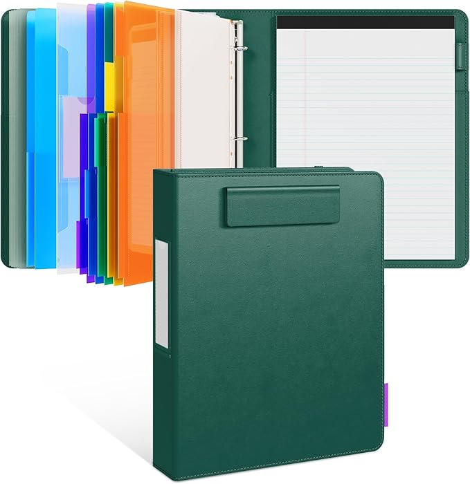 JoyCat 3 Ring Binder Clipboard with Storage,12.4"x10.2"Magnetic Clipboard Folder with 5 Expandable Folders,Refillable Lined Notepad (11" x 8.5"),Ideal for School Office Nursing(Dark Green)