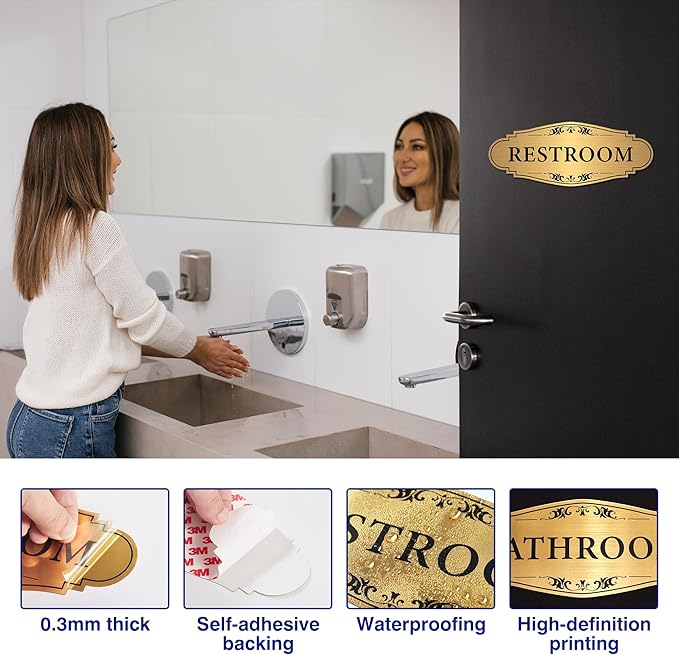 Restroom Sign Sticker for Business & Home, Self-Adhesive Brushed Gold Elegant Bathroom Signs for Door, Durable & Waterproof Unisex Restroom Signage for House toilet, Office, Store, Shop