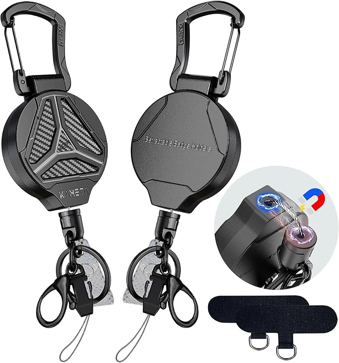 KAHETA 2 Pack Retractable Keychain Heavy Duty Carabiner Badge Holder Clip with Magnetic,Tactical Id Badge Reel with 32'' Steel Cord,Key Ring,Lobster Claw Clasp and Phone Tethers
