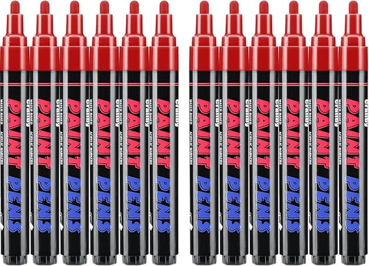 Craiiby Red Paint Pens Paint Markers - 12 Pack Permanent Quick Dry Waterproof Marker Pens for Rocks Wood Fabric Plastic Canvas Glass Mugs Metal Tire Stone
