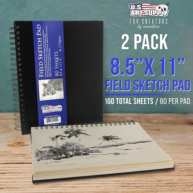 U.S. Art Supply 8.5" x 11" Premium Hardbound Sketch Book, 2 Pack, 80 Sheets Each, 70 lb (110gsm) - Hardcover Spiral Bound Artist Field, Small Sketch Pad, Acid-Free Drawing Pad - Adults, Students