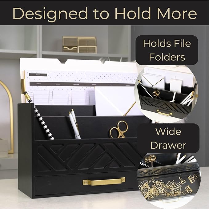 BLU MONACO | Wooden Mail Organizer with Drawer and Gold Handle | Mail Sorter Organizer Countertop for Desk | Outgoing Mail Holder and Letter Sorter for Desk Storage