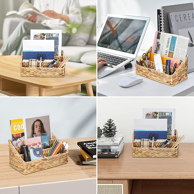Boershun Desk Organizer – Countertop Mail Organizer, Magazine Holder, Boho Decor Water Hyacinth Desk Mail Holder for Home Office, Farmhouse, 12.6" L x 6.7" W x 6.3" H