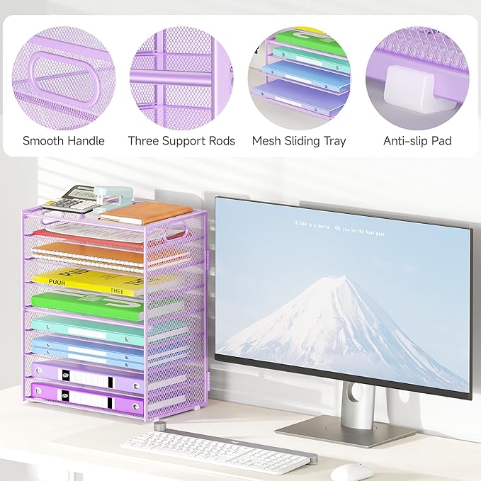 Cawukege 9 Tier Paper Organizer with Handle, Large Capacity Desk Organizer Mesh File Folder Letter Paper Tray Desktop Document Sorter for Classroom, School, and Office Accessories Organization- Purple