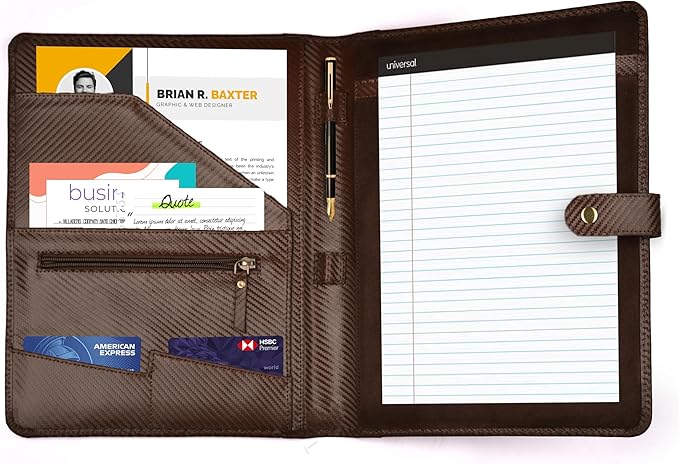 LEATHER VILLAGE Portfolio Professional Organizer– Carbon Fiber Genuine Leather Padfolio Resume Folder for A4 Letter Pad with Pen Holder, Business Card Slots & Writing Pad– Ideal for Men & Women-Brown