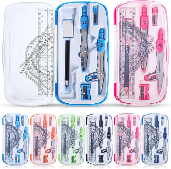 Zonon 6 Sets Math Geometry Kit Student 10 Pcs Shatterproof Storage Box Includes Compass, Rulers, Protractor, Eraser, Pencil Sharpener, Lead Refills, Pencil for Back to School Students Class Teacher
