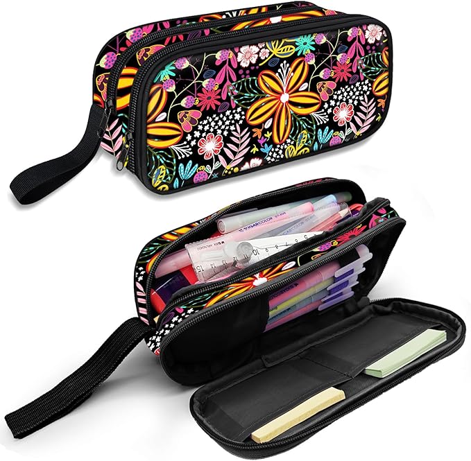 Cute Pencil Case for Girls, Large Girls Pencil Pouch for School Supplies, Portable Floral Pen Bag, Aesthetic Pen Box with Zipper, 2 Compartments Stationary Organizer for Kids Teens Students Adults