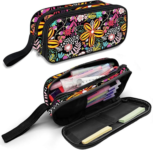 Cute Pencil Case for Girls, Large Girls Pencil Pouch for School Supplies, Portable Floral Pen Bag, Aesthetic Pen Box with Zipper, 2 Compartments Stationary Organizer for Kids Teens Students Adults