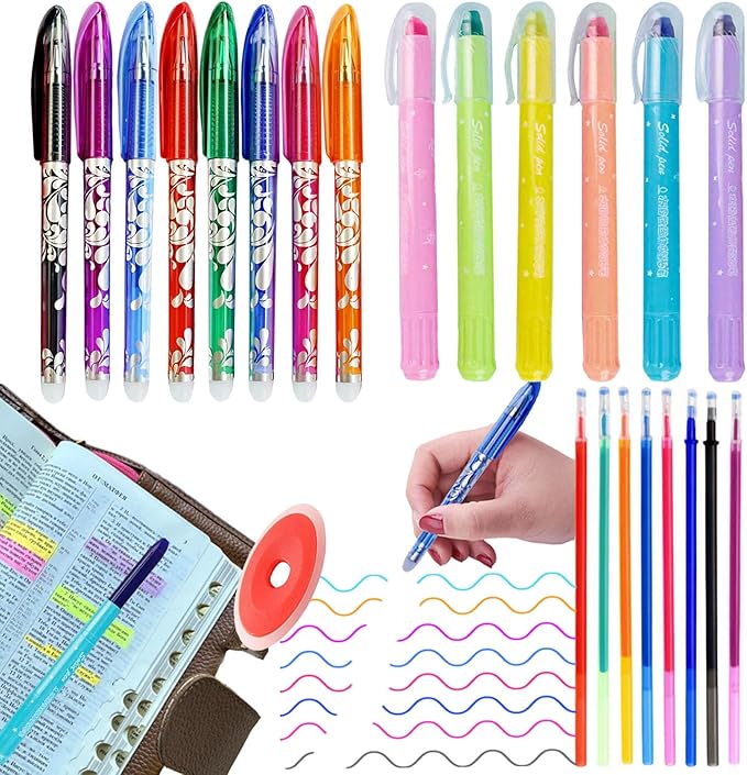 ZAYSWDNS 23 Pcs Bible Journaling Kit, No Bleed, set 6 GelHighlighters 8 Erasable Pens and 8 Refills & 1 Eraser, erasablecolored pens, for Bible Study Journaling Planner Notes School supplies