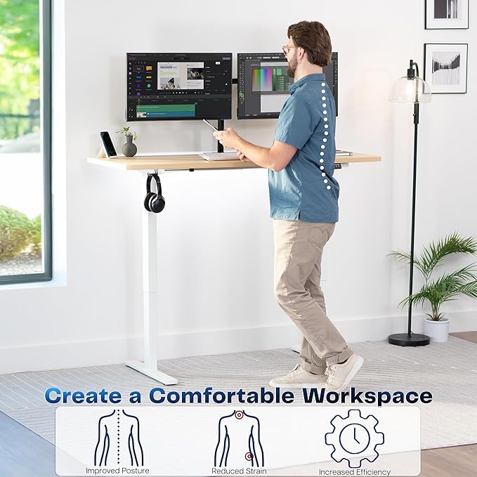VIVO Electric 60 x 24 in Standing Desk, Memory Height Adjustment, 1B Series, Holds 220 lbs, One-Piece Light Wood Top, White Frame, DESK-KIT-1W6C
