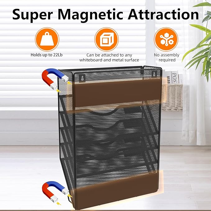KZWKRG 6 Tier Magnetic File Holder with Hook, Magnetic File Organizer Folder Holder, Wall File Organizer, Hanging Magnetic Paper Holder for File Cabinets, Office, Whiteboard, Magnetic Mail Holder