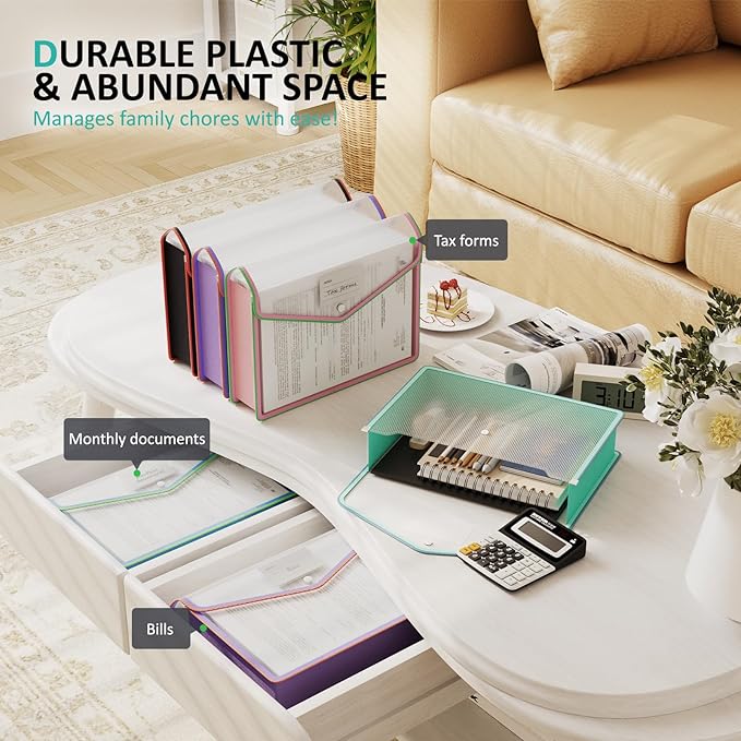 ThinkTex Plastic Expanding File Folder, Transparent envelopes with Snap Closure,No Dividers,Large Capacity,Document Organizer for Bills&Taxes,Letter/A4 Size for School/Office/Home- Two-Tone-5pcs