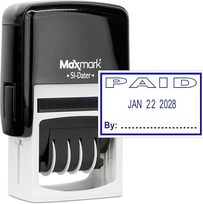 MaxMark Office Self Inking Date Stamp with Phrase Paid - Blue Ink