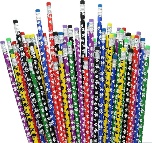 GiftExpress 48 Pcs Paw Print Pencils for Kids, Colorful Assortment Wooden Pencil with Eraser for School Supplies, Classroom Prize