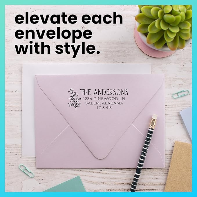 ExcelMark Address Stamp - Custom Return Address Stamp with Elegant Designs, Vibrant Colors & Patterns – Perfect for Mail, Invitations & Gifts (Pink Mount, Foliage Edge)