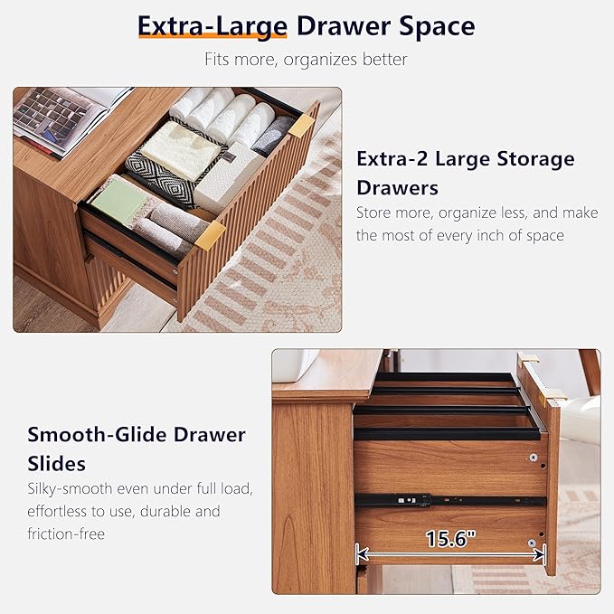 JXQTLINGMU 2 Drawer File Cabinet with Charging Station, 30" Fluted Lateral File Cabinet w/Files Hanging Rod for Letter/Legal/A4, Large Tabletop for Printer, Office Wood Printer Cabinets, Dark Grain